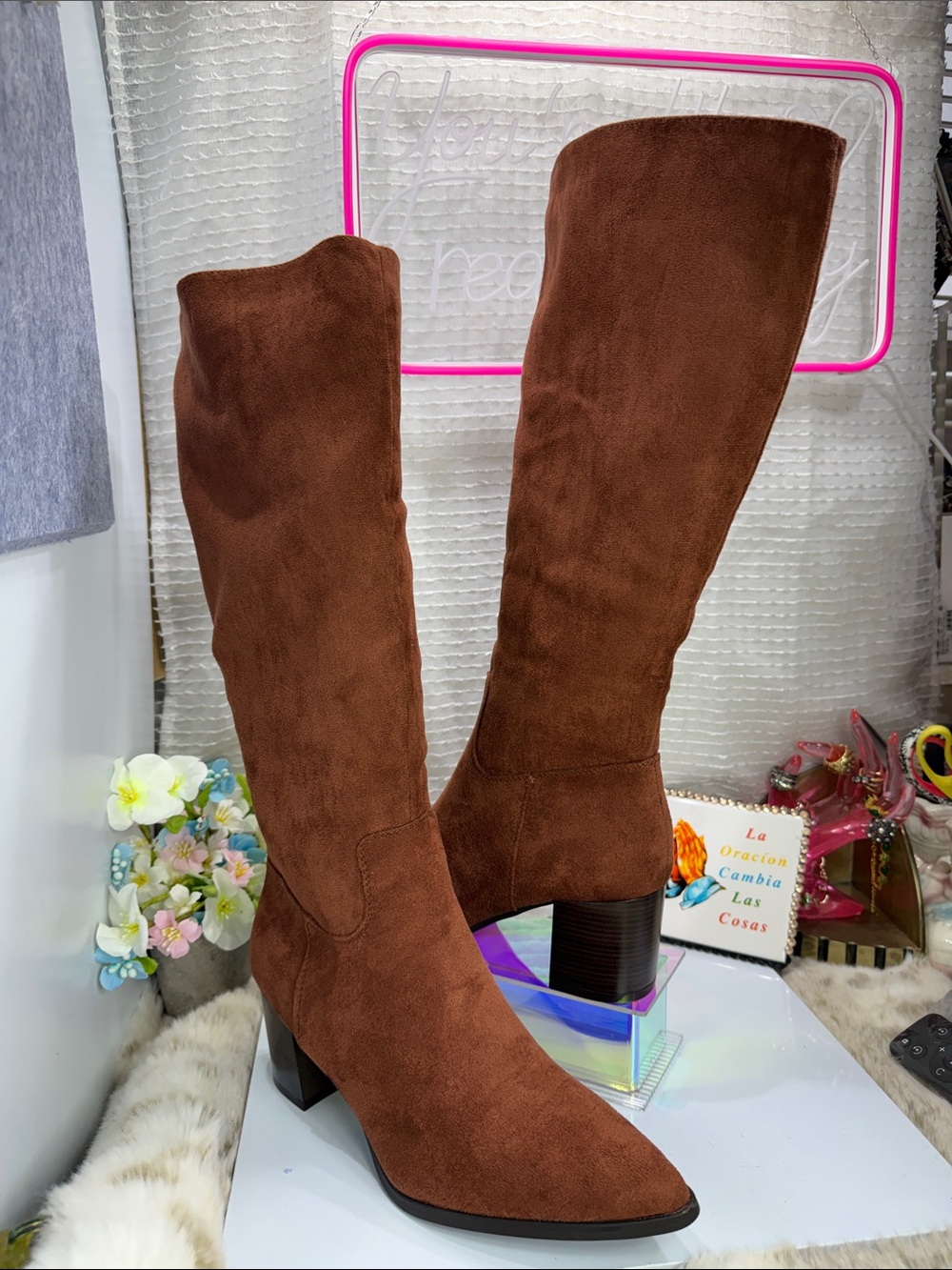 (Z)Brown Suede Knee-High Block Heel Boots - Women,Sz 40/9USA